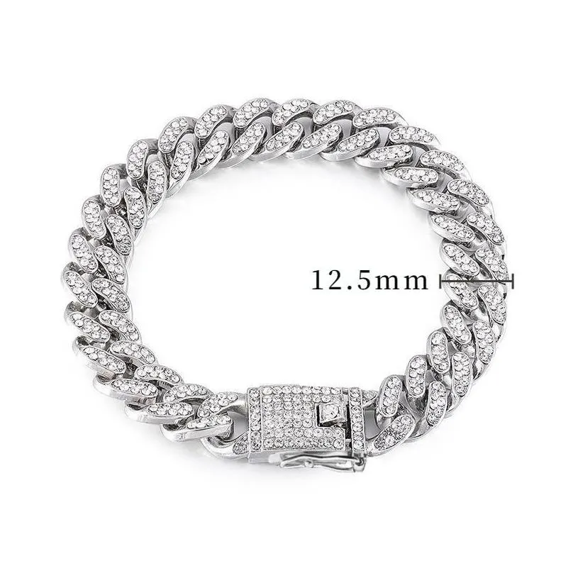 Dog Collars & Leashes Cuban Necklace Paved Rhinestones 12.5mm Width Chain Hip Hop Jewelry Gold Color Stainless Steel Material CZ C206Q