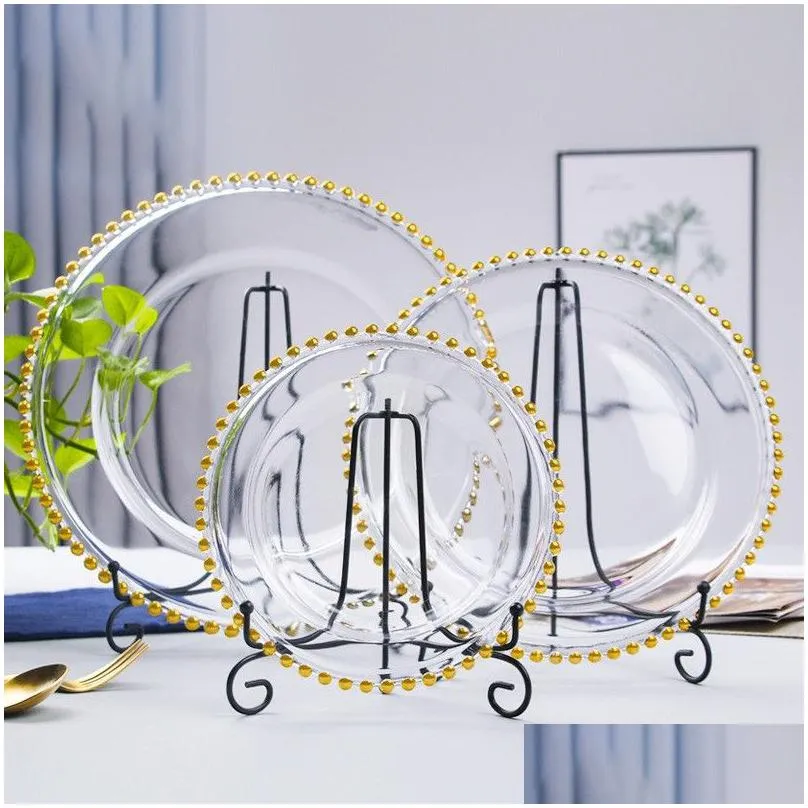 2021 stocked 13inch round wedding clear silver/gold glass beaded  pates glass plate for wedding table decoration dh9488