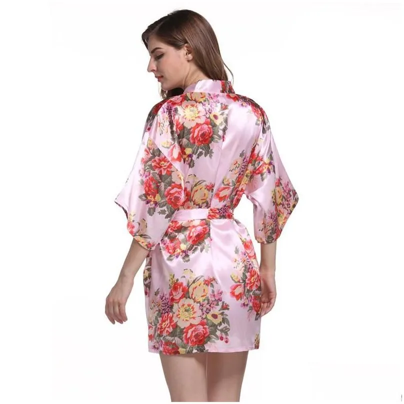 satin wedding bride bridesmaid robe floral bathrobe flower print kimono robe dressing night gown for women