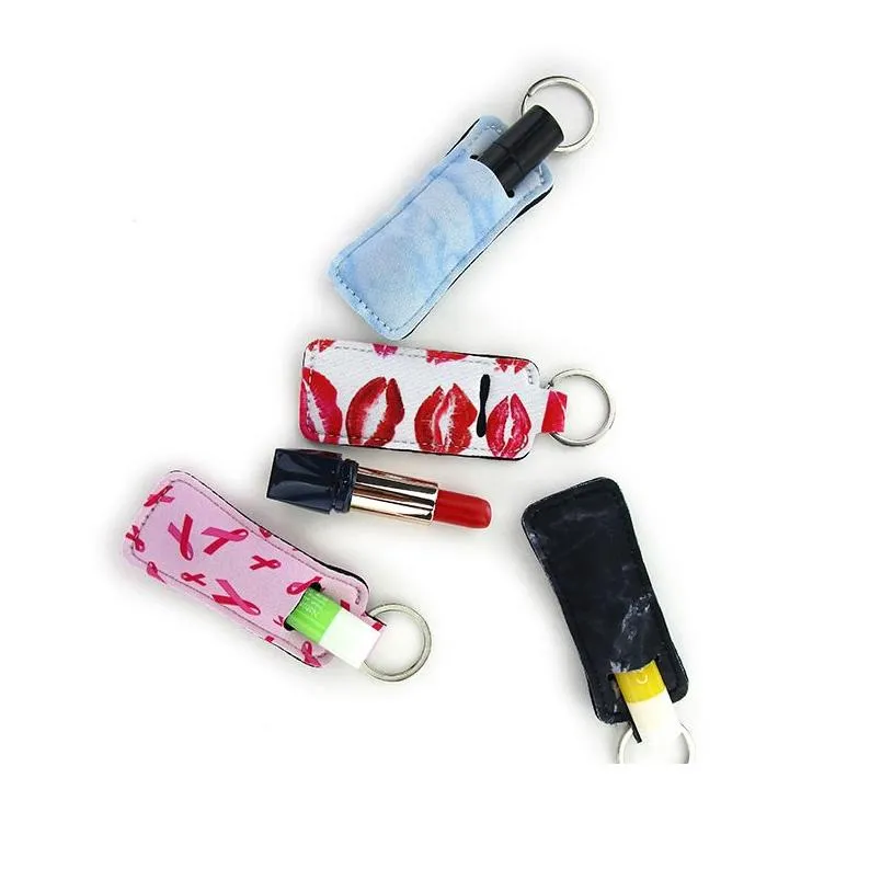 party favorlip gloss holder keychain neoprene chapstick lip balm holder rectangular shape dh4955