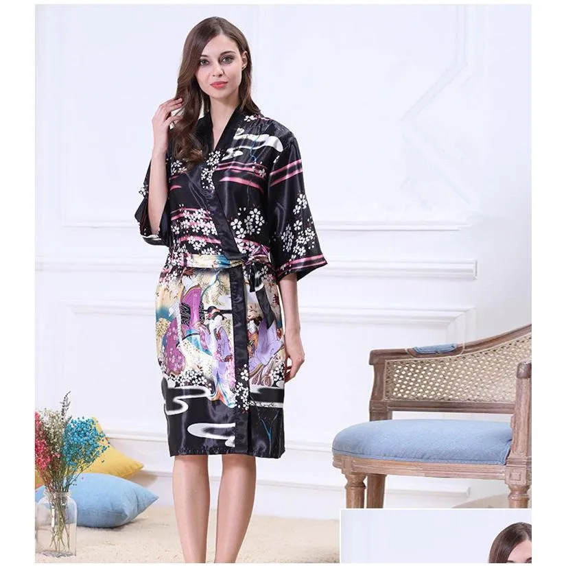 women japanese yukata kimono nightgown print floral pattern satin silk vintage robes sexy lingerie sleepwear pijama