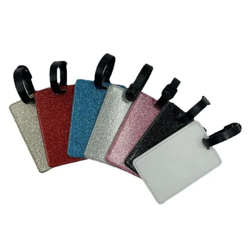 wholesale sublimation luggage tags for suitcases glitter blank travel tag with strap heat transfer name id diy card blanks