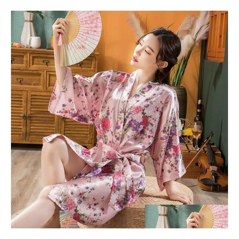  print floral womens satin robe sexy lounge bathrobe nightgown vintage kimono yukata bridesmaid wedding dressing gown