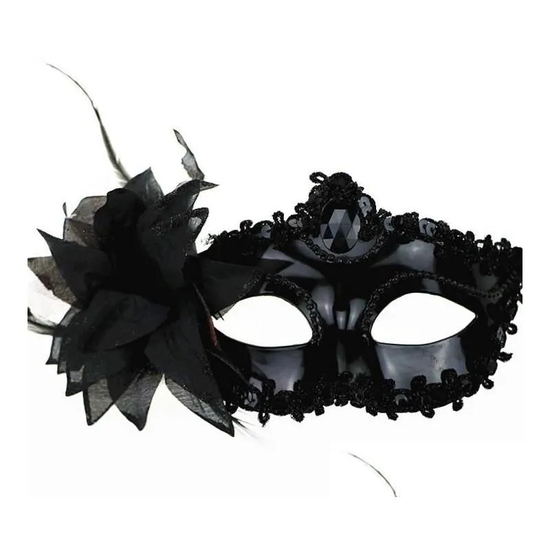 Venetian masquerade Dance Ball Mask Wedding Party Fancy Dress eyemask On Stick Masks Lily Flower Lace Feather Held Stick Mask3504764