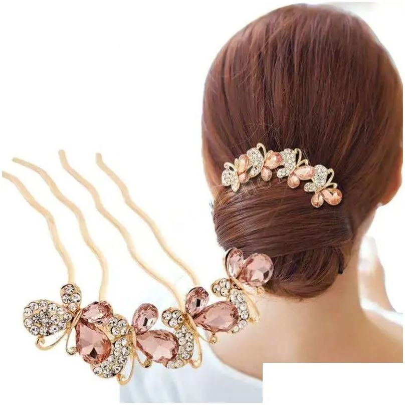 fashion crystal butterfly hair clip inserter wedding bridal hair comb princess crown tiara elegant headpieces hairpins