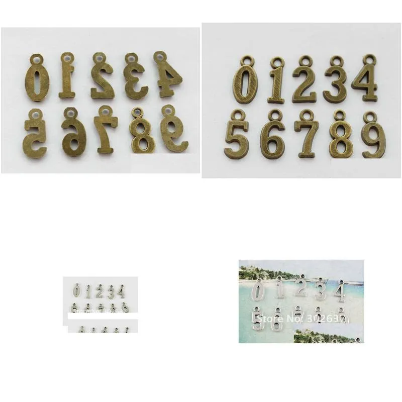 Wholesle-80 Pcs Antiqued silver /bronze assorted number charms