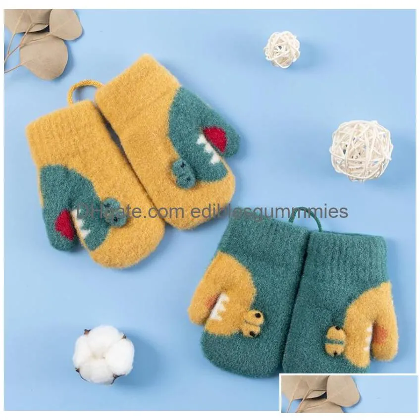 mitten for children cute cartoon dinosaur warmer double thick knitted mitten mittens baby hanging neck winter glove soft kids gloves