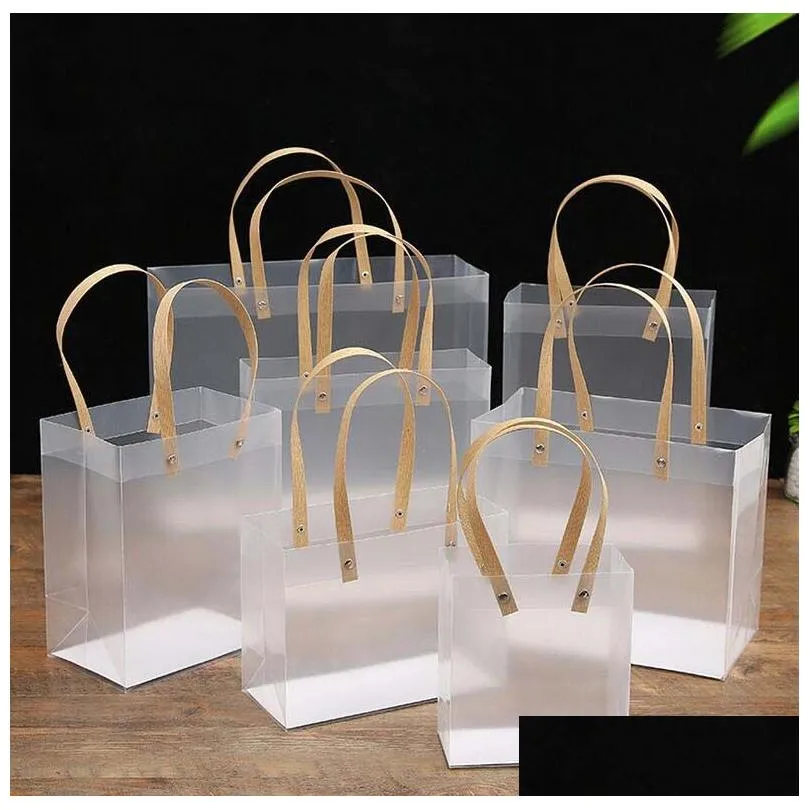 Clear Gift Tote Bags with Handles Bulk Bouquet PVC Party Favors Bag for Wedding Birthdays Bridal Showers Festival Treat White Frosted Retail Bags