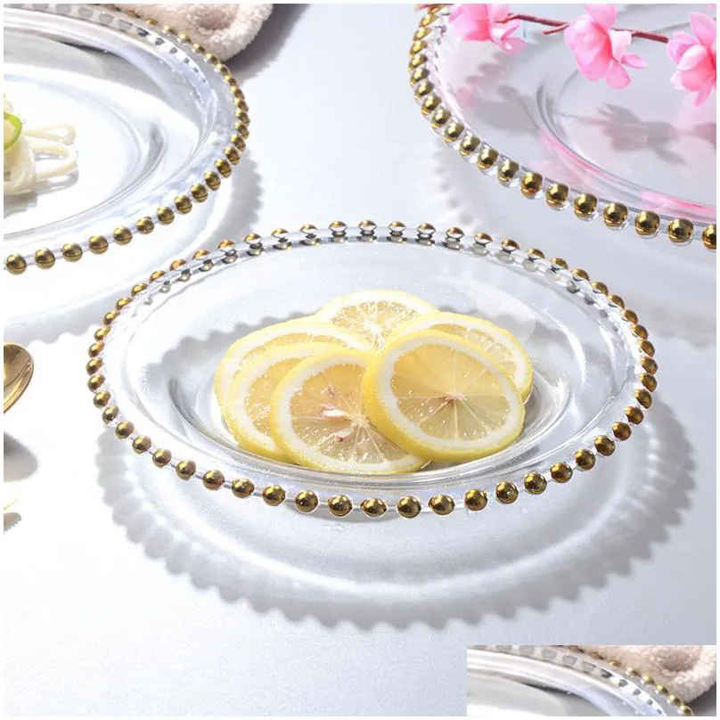 2021 stocked 13inch round wedding clear silver/gold glass beaded  pates glass plate for wedding table decoration dh9488