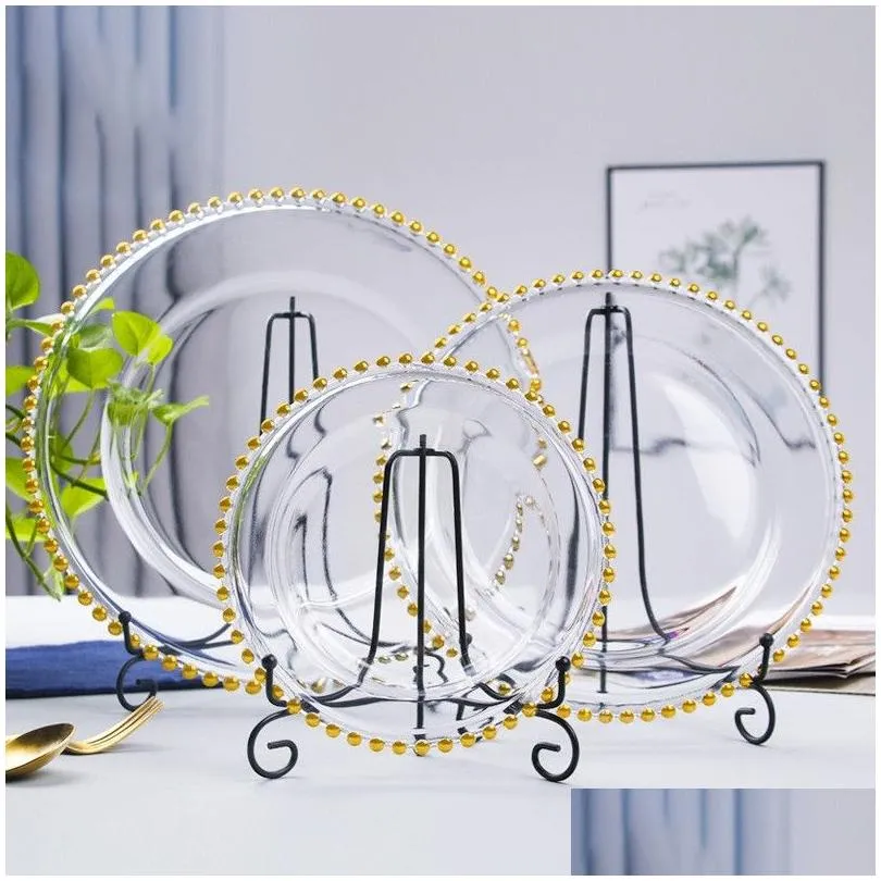 2021 stocked 13inch round wedding clear silver/gold glass beaded  pates glass plate for wedding table decoration dh9488