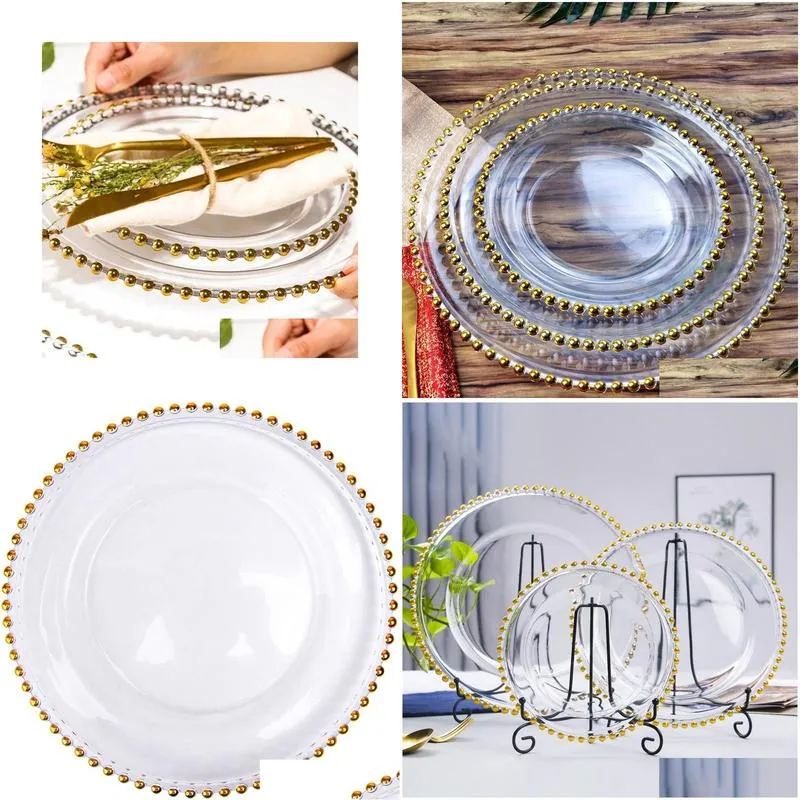 2021 stocked 13inch round wedding clear silver/gold glass beaded  pates glass plate for wedding table decoration dh9488