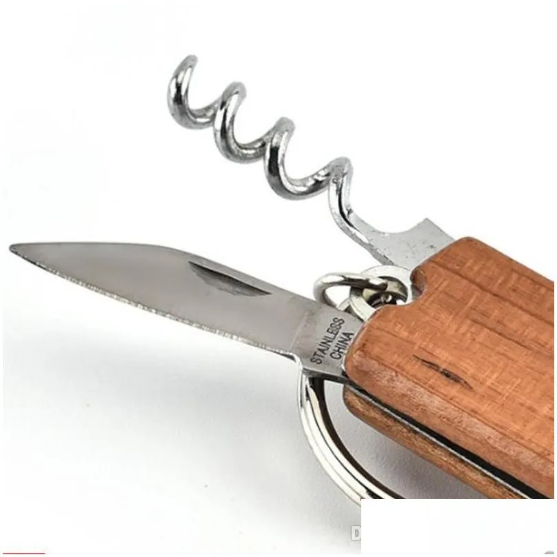 Openers Wooden Handle Bottle Opener Keychain Knife Pulltap Double Hinged Corkscrew Stainless Steel Key Ring Openers Bar BC BH1258