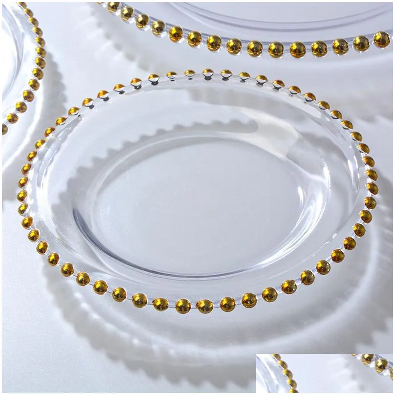 2021 stocked 13inch round wedding clear silver/gold glass beaded  pates glass plate for wedding table decoration dh9488