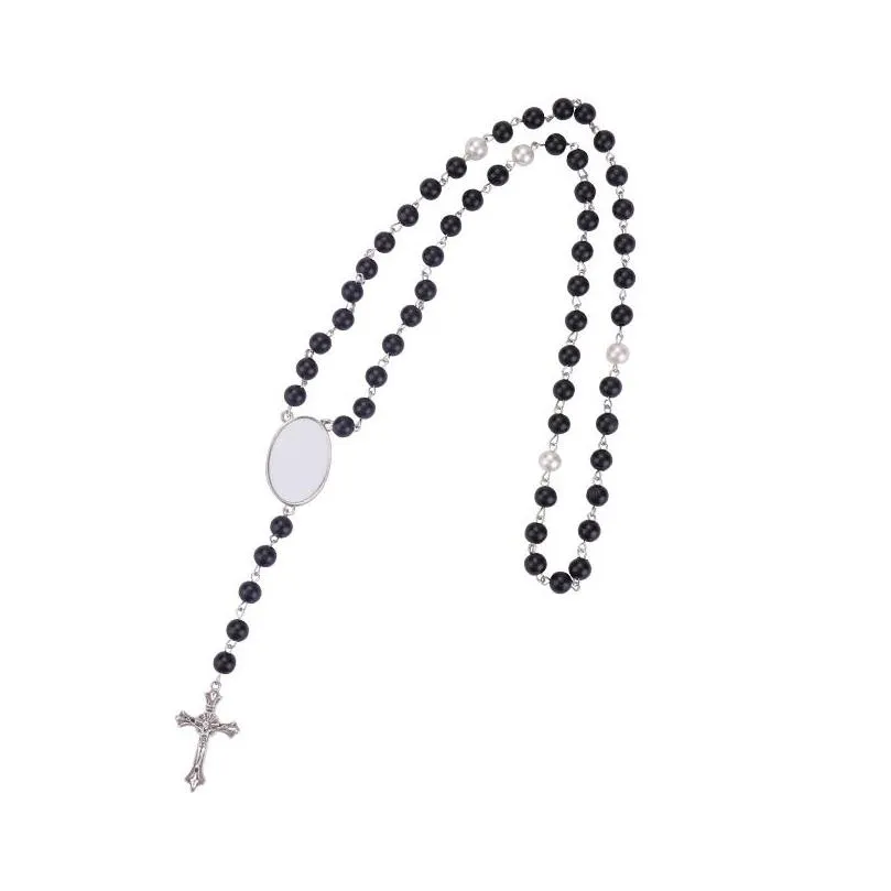 wholesale layered choker necklace sublimation blanks pearl cross women pendant long rosary bead chain jesus catholic crucifix blank