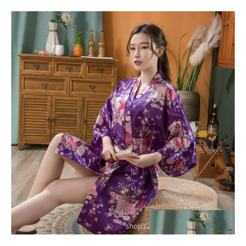  print floral womens satin robe sexy lounge bathrobe nightgown vintage kimono yukata bridesmaid wedding dressing gown