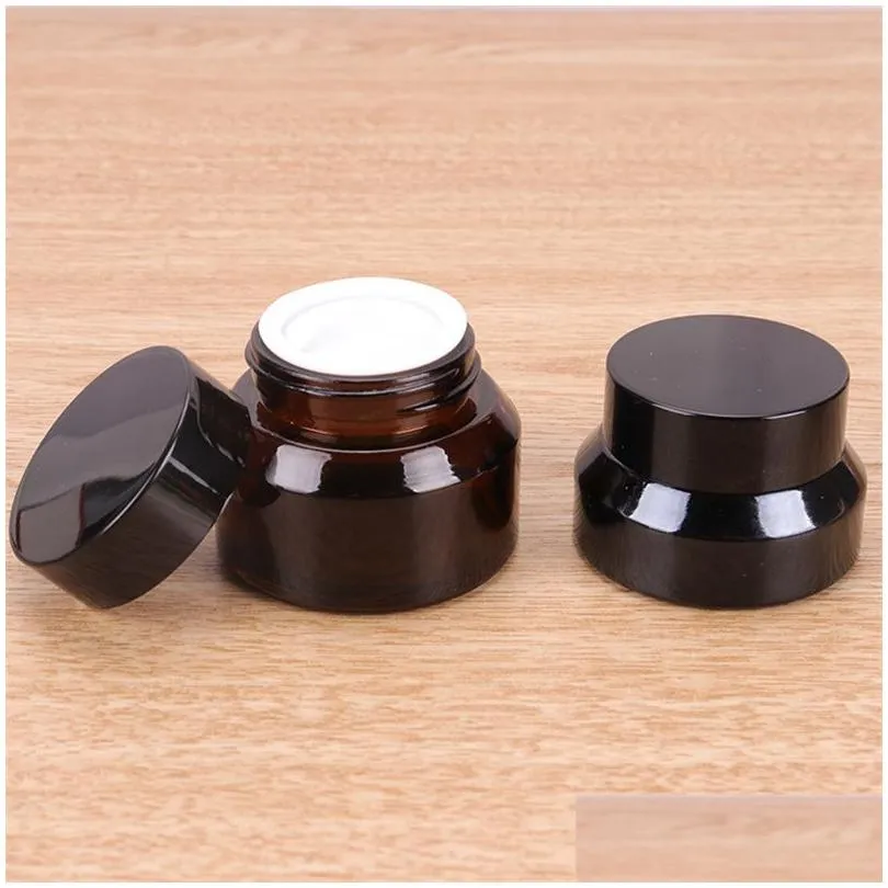 wholesale 15g 30g 50g amber brown glass cream jar empty container cosmetic bottle with white inner liners and black gold lids