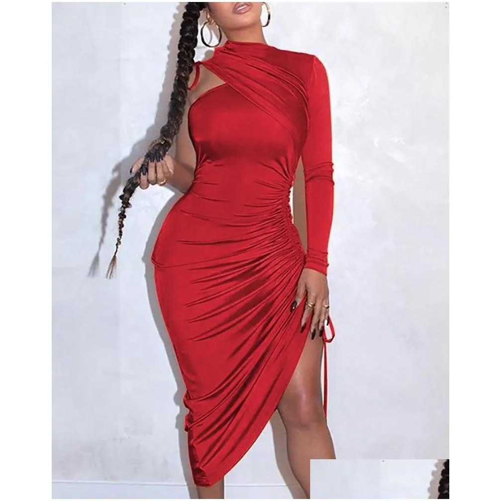 casual dresses sexy one shoulder drawstring ruched bodycon dress women solid long sleeve mid-calf night club party