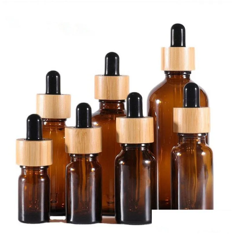 wholesale amber glass dropper bottle with bamboo lids essential oils bottles sample vials for perfume cosmetic liquids 15ml 20ml 30ml 50ml