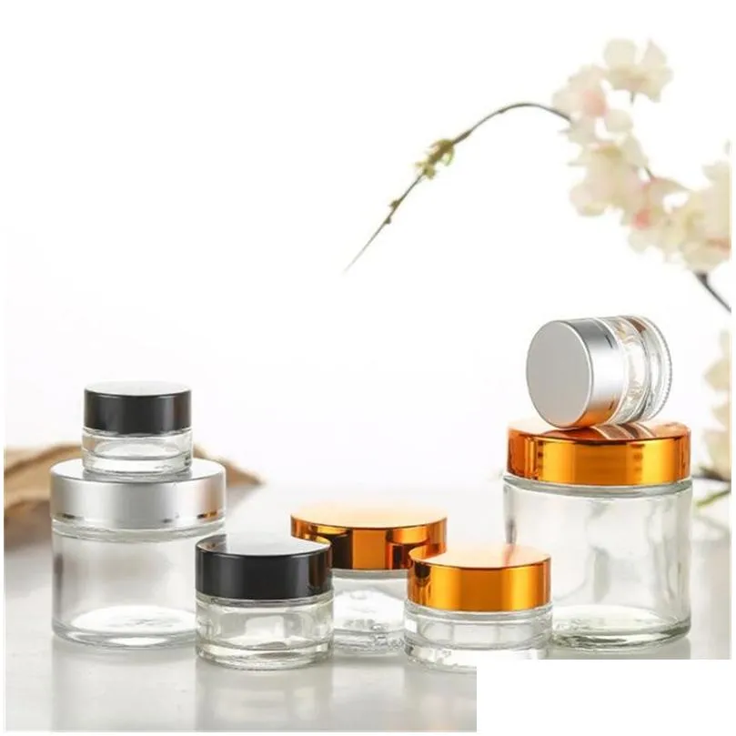 wholesale 5g 10g 15g glass jar cream bottle cosmetic empty container with black silver gold lid and inner pad for lotion lip balm