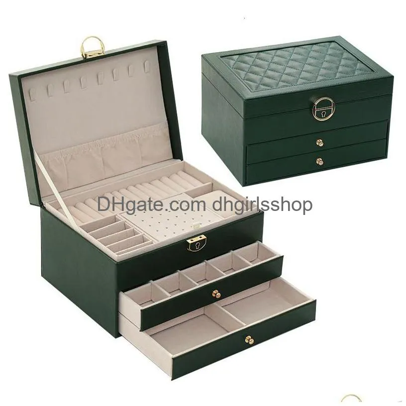 jewelry boxes three layers retro high quality pu jewelry box with necklace hook earrings ring bracelet storage case green colors