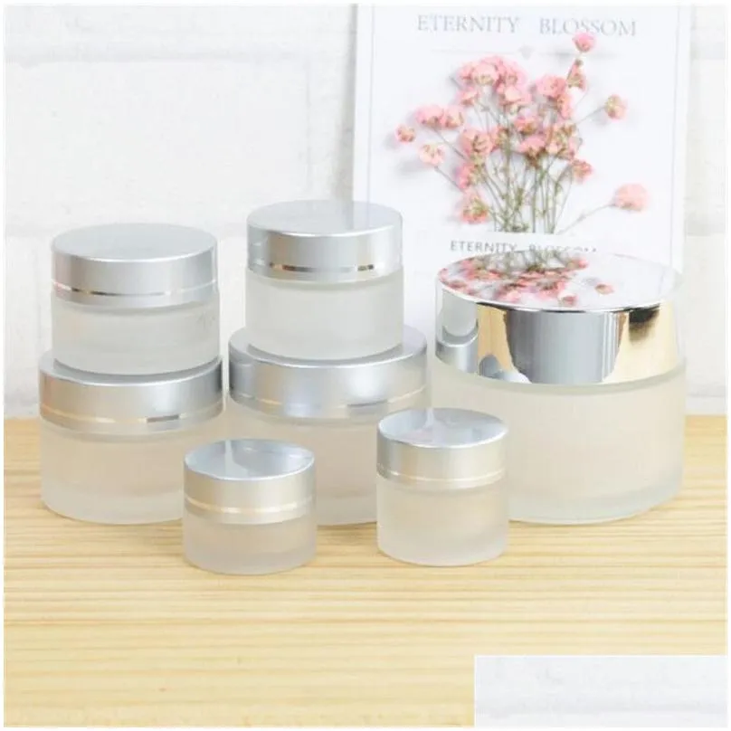 wholesale 5g 10g 15g 20g 30g 50g frosted glass bottles cosmetic jar empty face cream lip balm storage container refillable sample bottle with silver