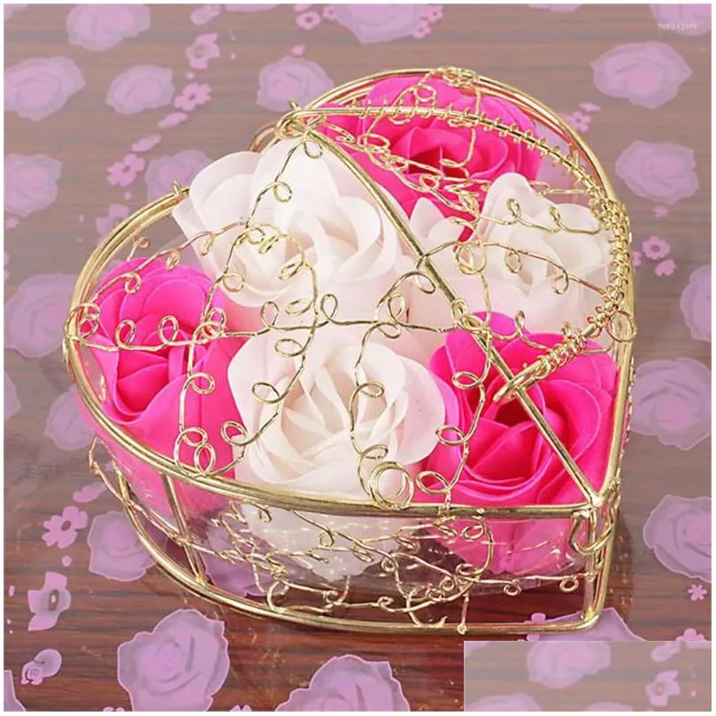 decorative flowers 6pcs/set rose soap flower gift box gold-plated iron basket artificial roses creative valentines day wedding