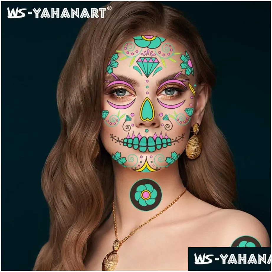 halloween luminous waterproof temporary tattoo sticker party supplies facial makeup stitched injuries face day of the dead skull dress up body