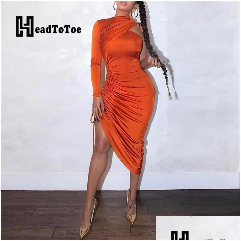 casual dresses sexy one shoulder drawstring ruched bodycon dress women solid long sleeve mid-calf night club party