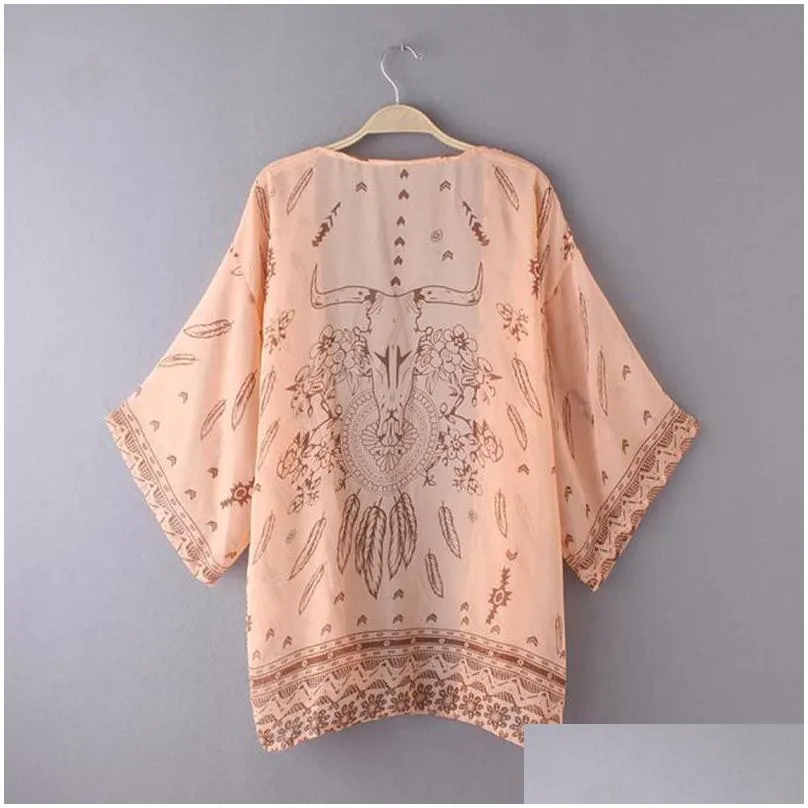 women summer chiffon blouse beach boho kimono cardigan floral printed long sleeve casual loose long beach cover up