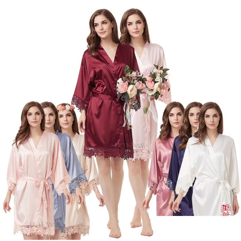 2019 womens robes matte satin kimono wedding robe for bride and bridesmaid with lace trim