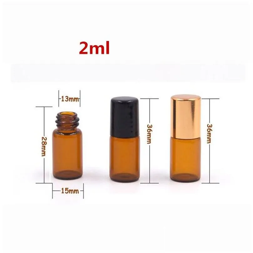 wholesale amber glass essential oil roller bottles with metal balls perfumes oils roll on bottles 1ml 2ml 3ml