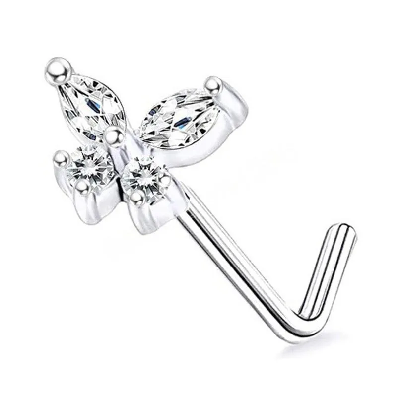 flower butterfly zircon nose stud ring stainless steel screw nariz bone piercing prong punk earring for women body jewelry