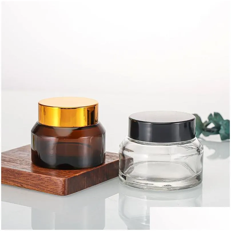 wholesale 15g 30g 50g amber brown glass cream jar empty container cosmetic bottle with white inner liners and black gold lids