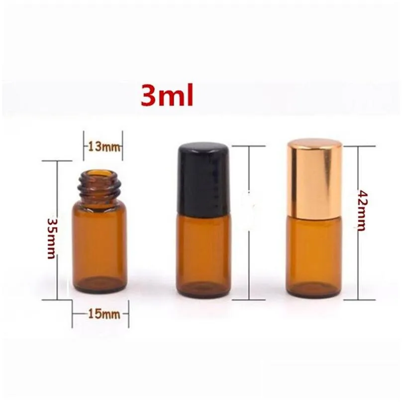 wholesale amber glass essential oil roller bottles with metal balls perfumes oils roll on bottles 1ml 2ml 3ml