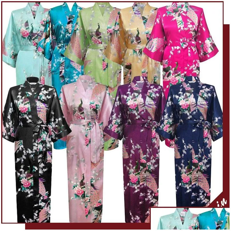 wholesale- purple fashion womens peacock long kimono bath robe nightgown gown yukata bathrobe sleepwear with belt s m l xl xxl xxxl