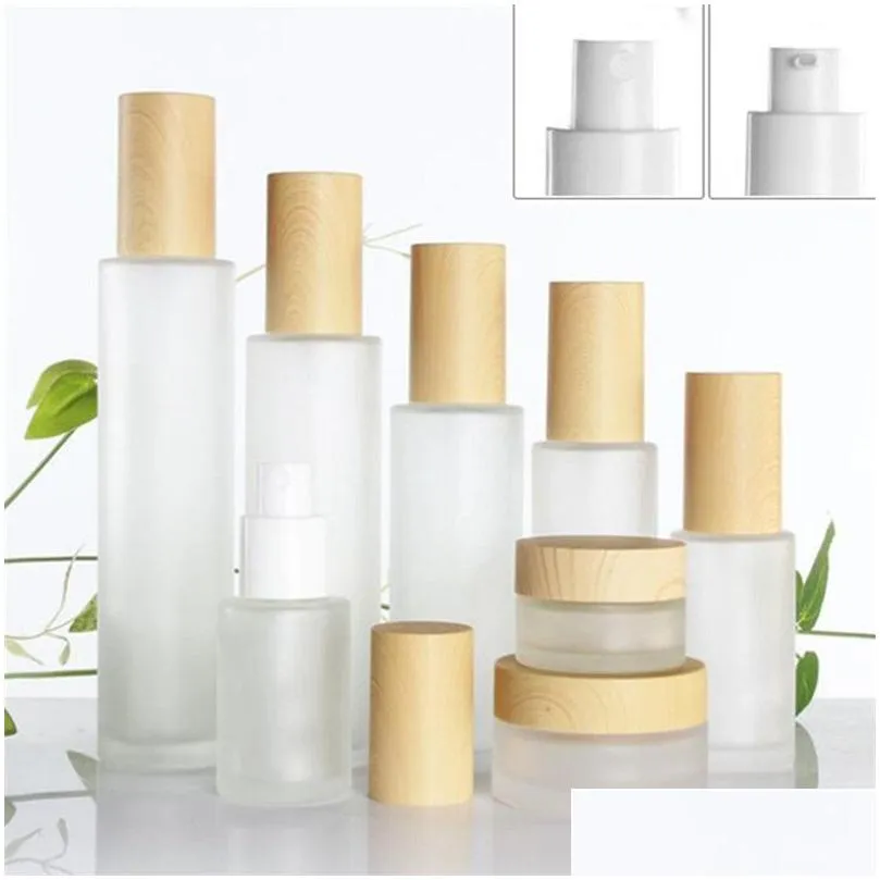 wholesale 30ml 40ml 60ml 80ml 100ml 120ml frosted glass cream jar with plastic imitated wood lid makeup lotion pot spray pump bottle