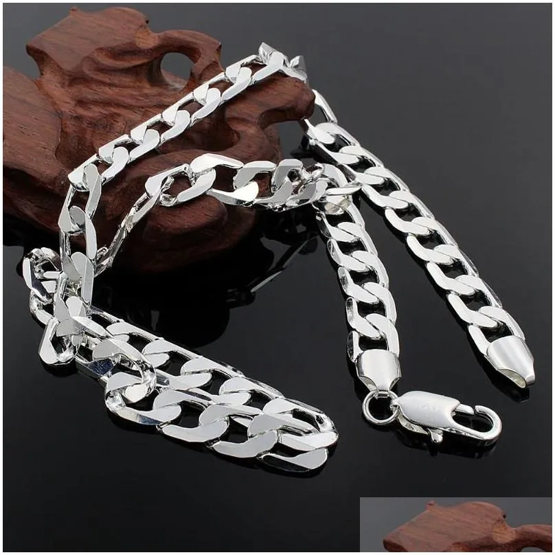 Chains 925 Sterling Silver 50cm 60cm 20/24 Inch 10MM Flat Sideways Figaro Chain Necklace For Women Men Jewelry Gift