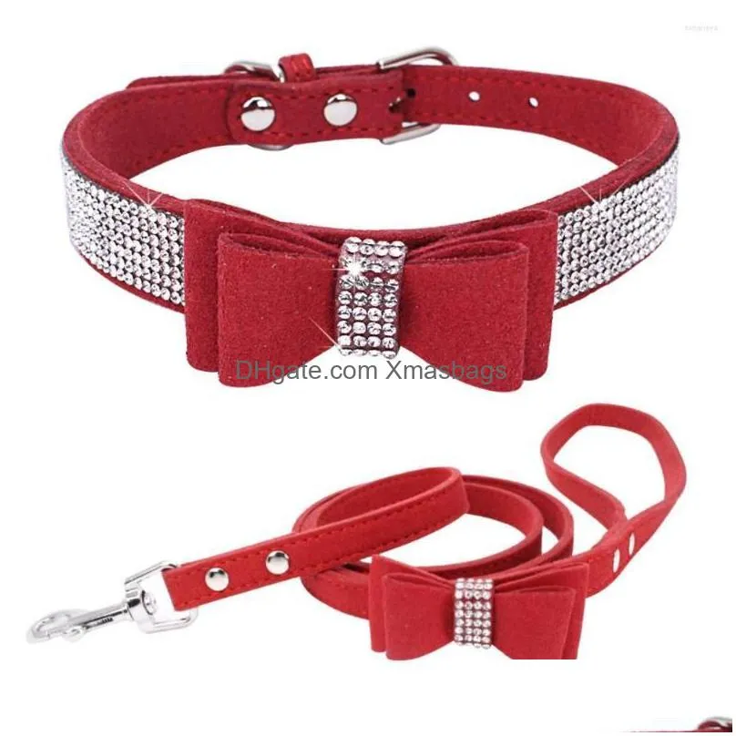 dog collars pet rhinestones bow knot collar cat bling soft cute tie pu leather supplies 1207