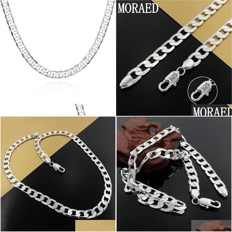Chains 925 Sterling Silver 50cm 60cm 20/24 Inch 10MM Flat Sideways Figaro Chain Necklace For Women Men Jewelry Gift