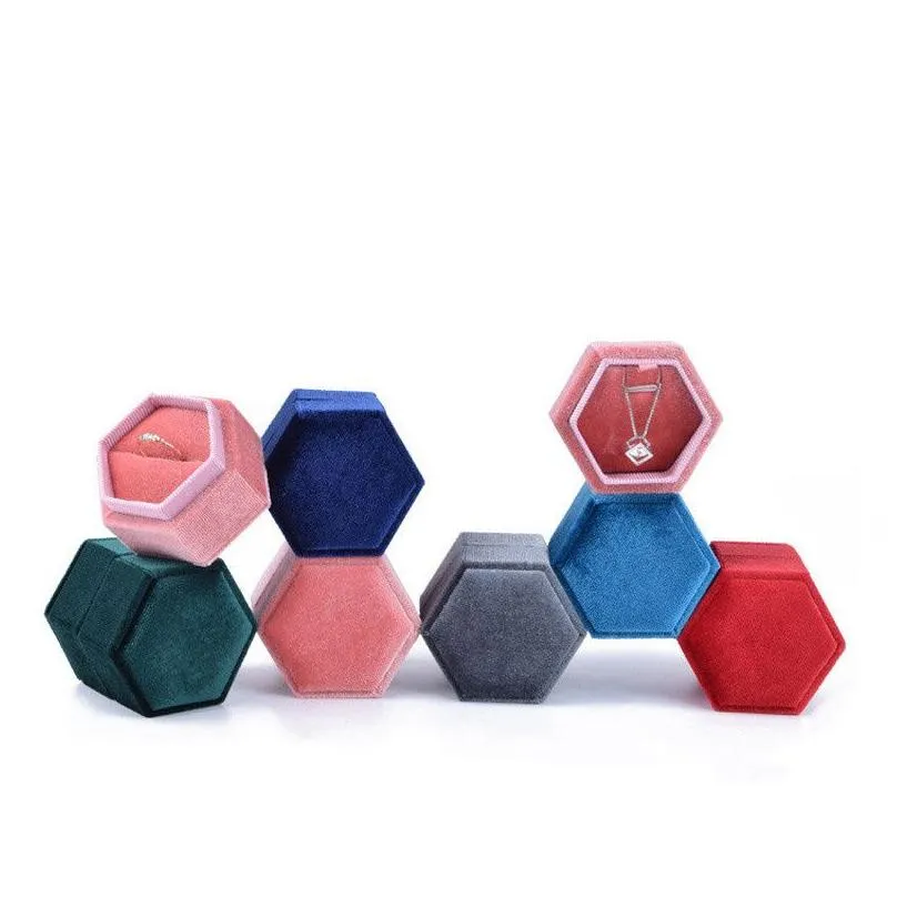 hexagonal velvet jewelry box ring pendant earring packaging gift boxes for proposal engagement wedding