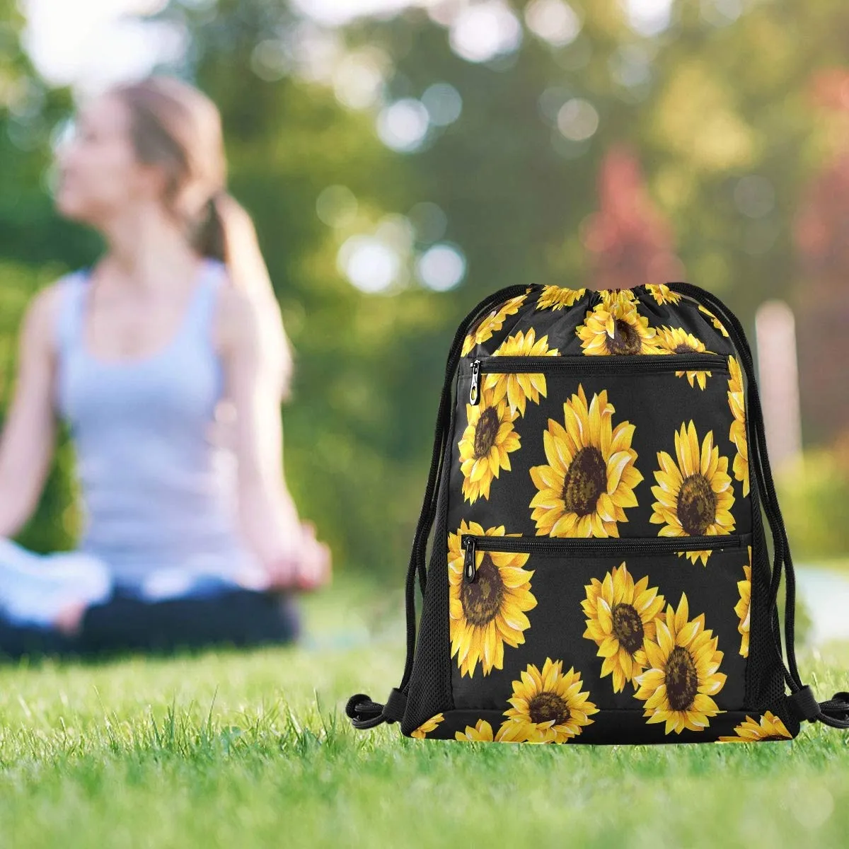 sunflower drawstring backpack for yellow flower sports gym bag sackpack for women men large size