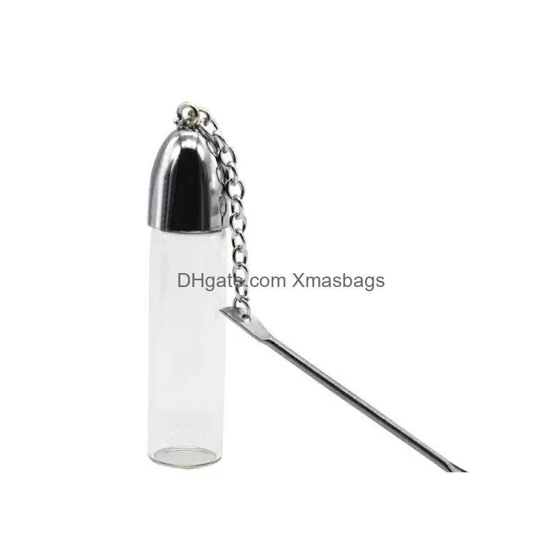 smoking accessories glass bottle silver clear brown glass snuff pill box bottle vial w/ metal spoon spice bullet rocket snuff snorter