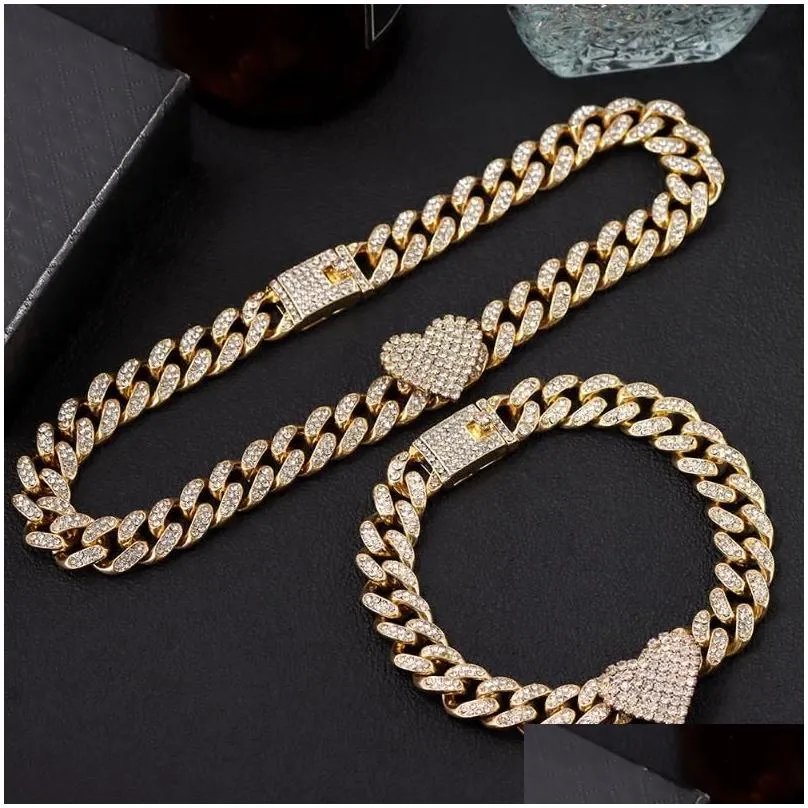 Chains Flatfoosie 13mm Hip Hop  Curb Cuban Chain Necklace For Women Iced Out Rhinestone Link Heart Choker Rapper JewelryChains