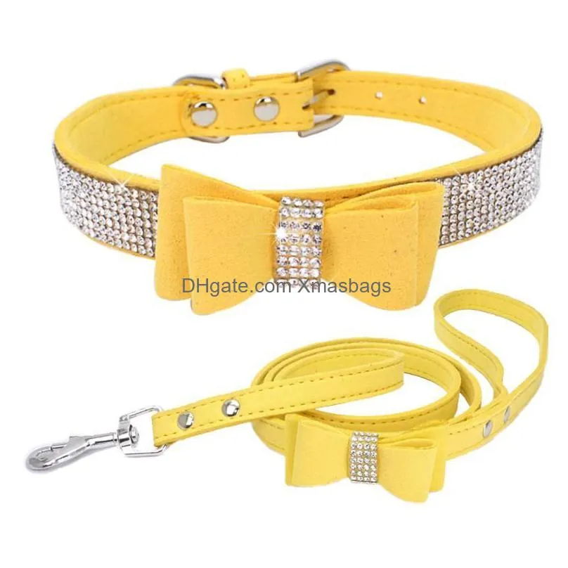 dog collars pet rhinestones bow knot collar cat bling soft cute tie pu leather supplies 1207