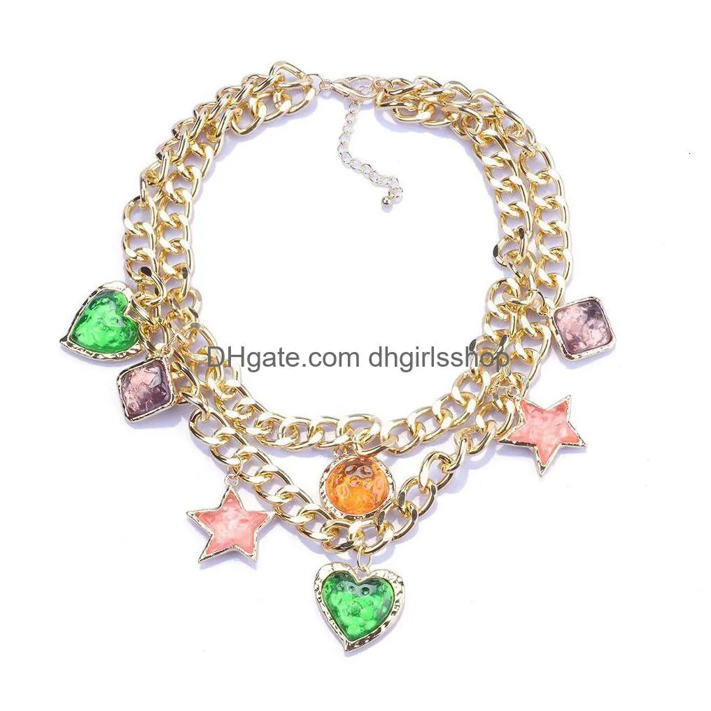 chokers za golden metal chains link choker necklace with charm heart star pentants for women vintage statement necklace jewelry 230518