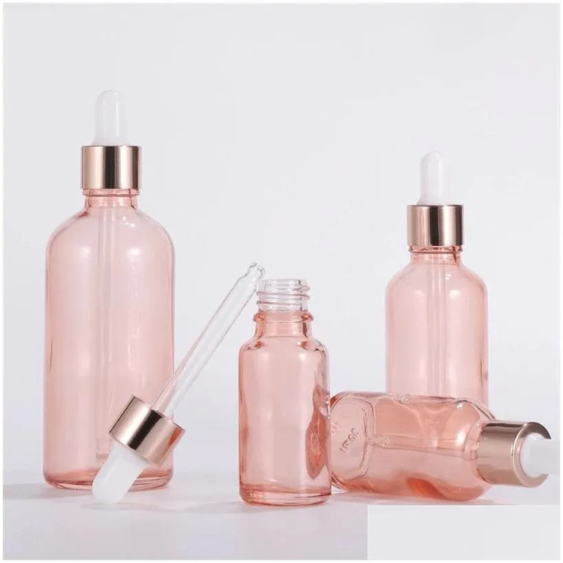 wholesale 5ml 10ml 30ml 50ml  oil dropper bottles eye droppers bottle for perfume liquid with rose gold lids refillable