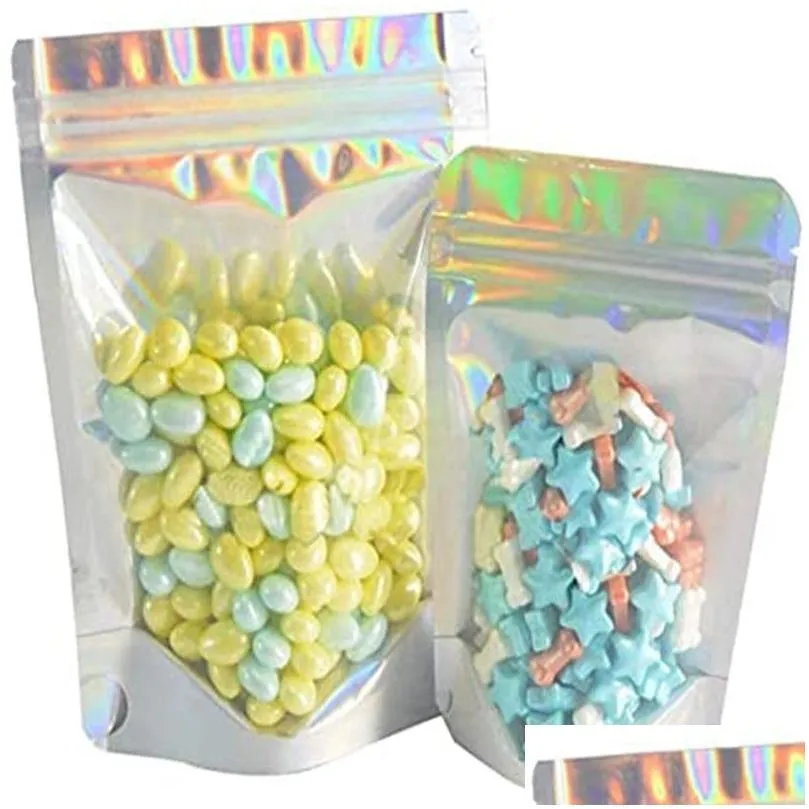 wholesale 100pcs lot resealable stand up zipper bags aluminum foil pouch plastic holographic smell proof bag food storage packaging