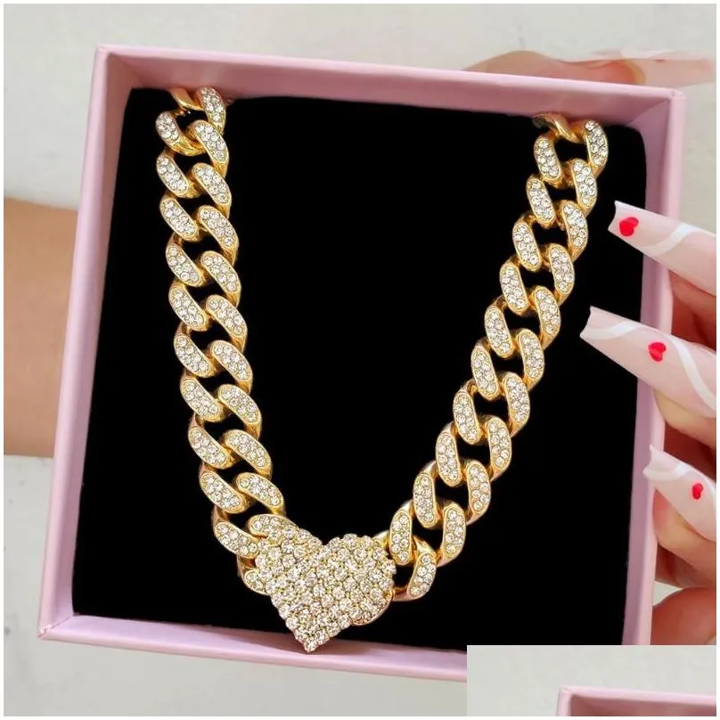 Chains Flatfoosie 13mm Hip Hop  Curb Cuban Chain Necklace For Women Iced Out Rhinestone Link Heart Choker Rapper JewelryChains
