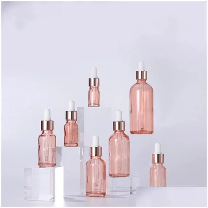 wholesale 5ml 10ml 30ml 50ml  oil dropper bottles eye droppers bottle for perfume liquid with rose gold lids refillable