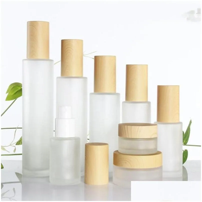 wholesale 30ml 40ml 60ml 80ml 100ml frosted glass cosmetic jar bottle face cream pot lotion spray pump bottles with plastic imitation bamboo